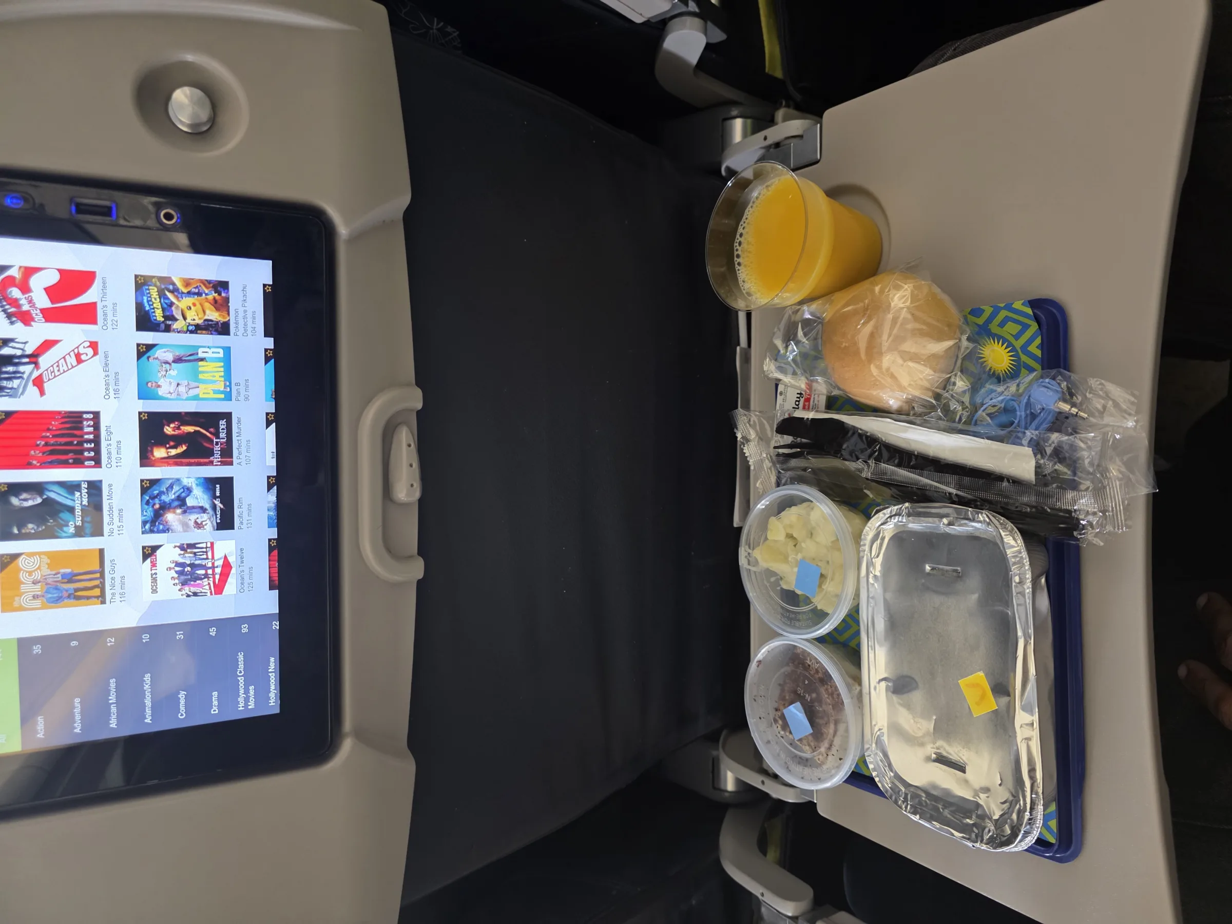 An in-flight meal tray on the way out